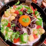 彩り夏野菜の焼き味噌豆乳とろろうどん